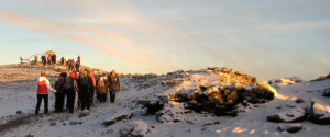trekkers using trekking poles on the kilimanjaro summit
